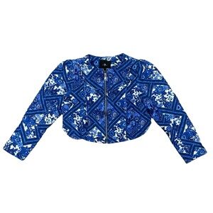 7 For All Mankind Blue and White Quilted Cropped Jacket